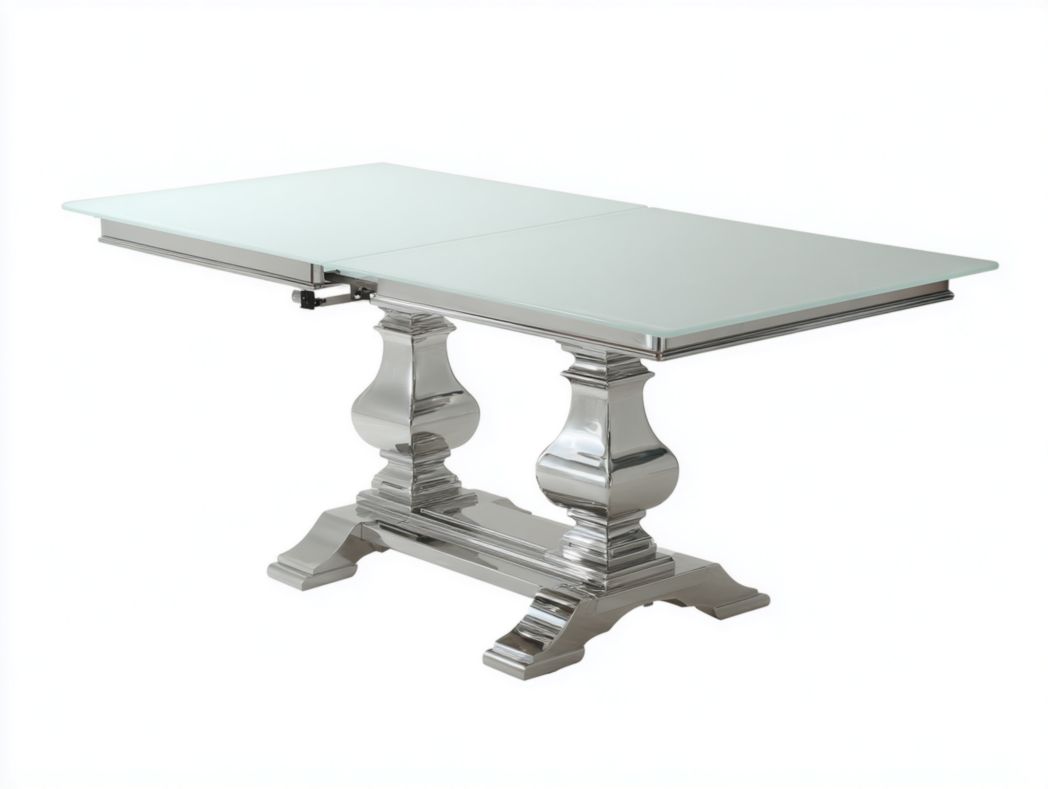 Table extensible rectangulaire plateau en verre et piètement chromé – 1 pièce