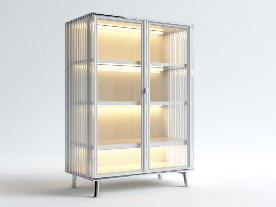 Vitrine moderne en verre avec éclairage LED et structure métallique