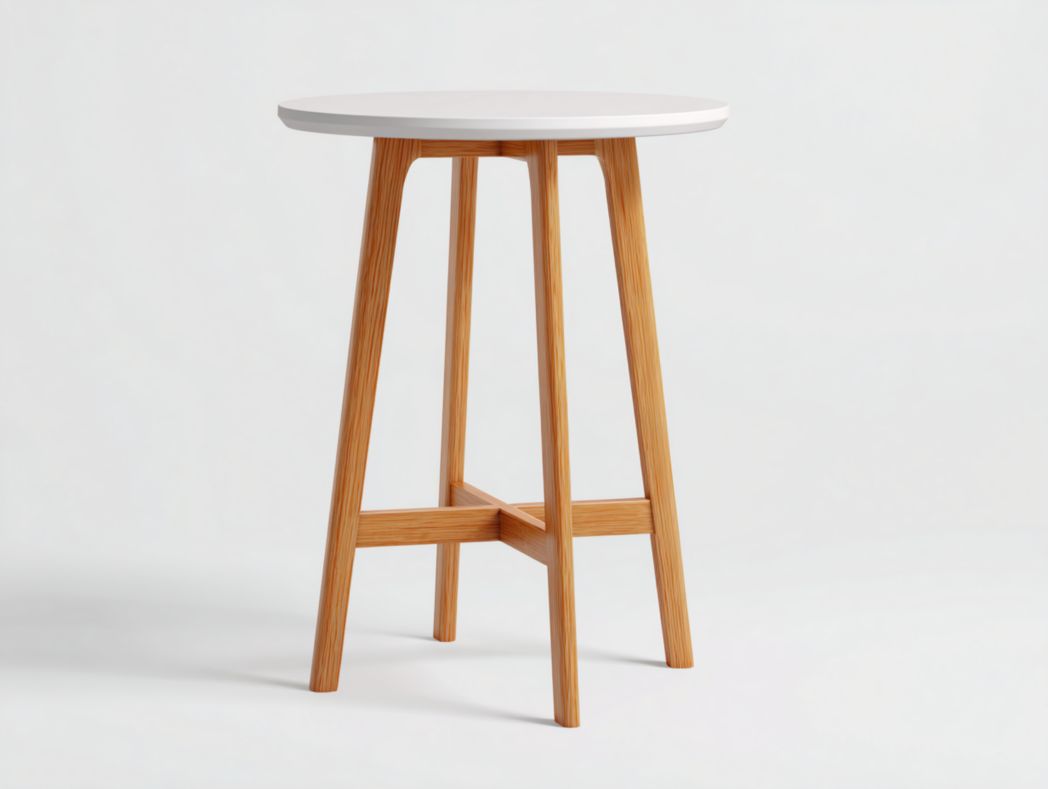 Table mange debout ronde style nordique avec pieds en bois naturel et plateau blanc
