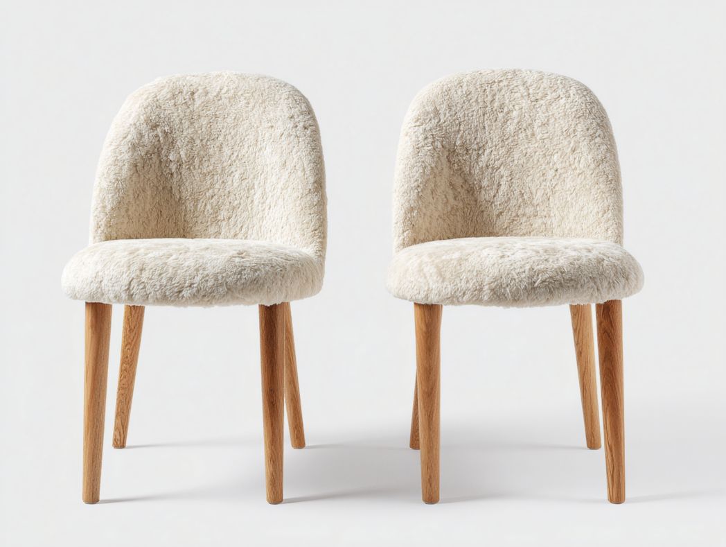 Lot de 2 chaises coque en tissu effet laine bouclée ivoire avec dossier arrondi et pieds en bois massif