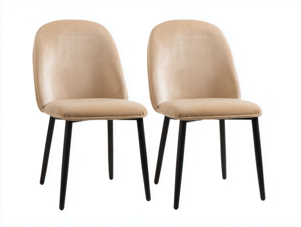 Lot de 2 chaises en velours beige avec dossier arrondi et assise rembourrée, pieds en métal noir