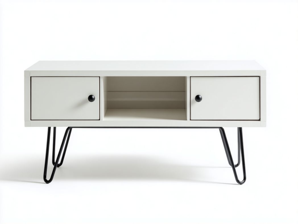 Meuble TV blanc avec piétement en métal, 2 portes et niche ouverte