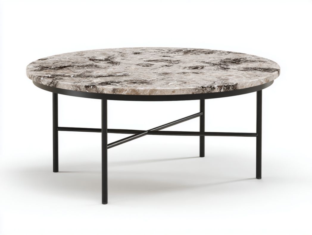 Table basse ronde – Plateau effet marbre gris et structure métallique noire – 1 pièce