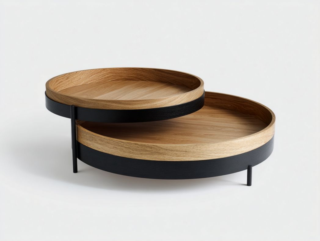 Table basse ronde à deux niveaux en bois naturel et noir