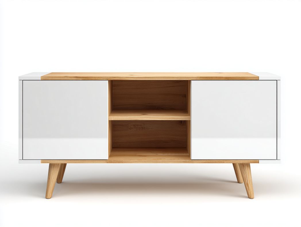 Buffet scandinave blanc et bois avec 2 portes et étagère ouverte