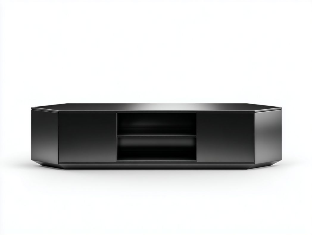 Meuble TV noir hexagonal avec 2 portes et niches ouvertes