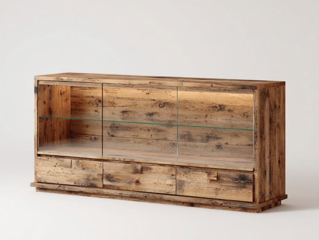 Vaisselier en bois massif avec vitrine en verre et 3 tiroirs de rangement