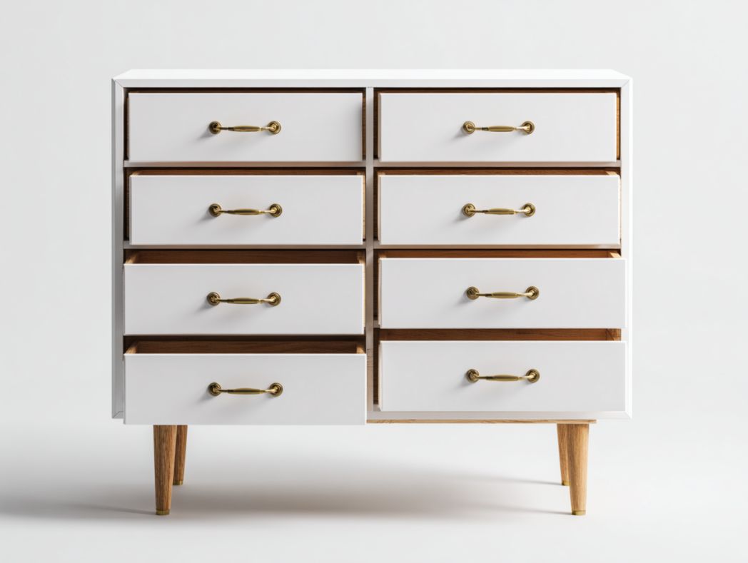 Buffet haut moderne à huit tiroirs blanc avec poignées métalliques dorées