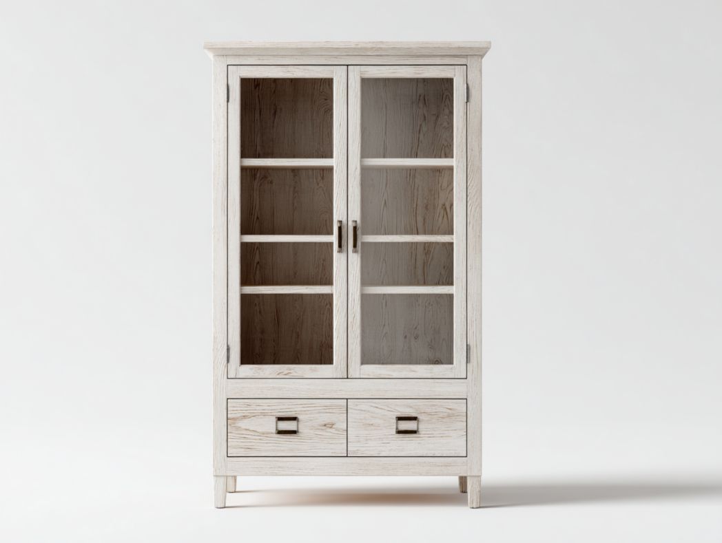 Vaisselier bois blanc vieilli avec portes vitrées, 4 étagères et 2 tiroirs
