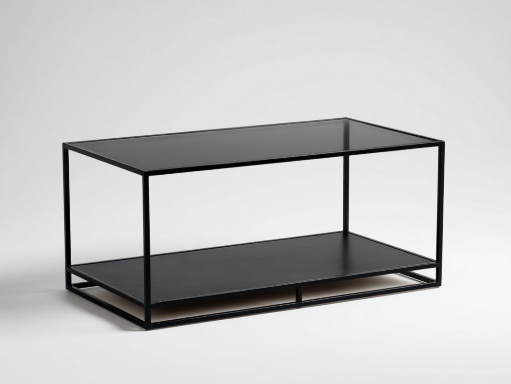 Meuble TV en métal noir avec plateau en verre et espace ouvert