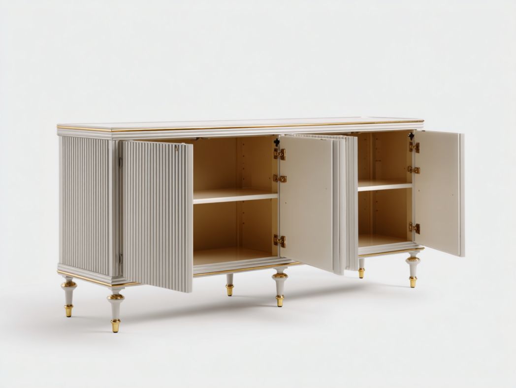 Buffet classique chic à 4 portes blanc avec détails dorés et pieds métalliques