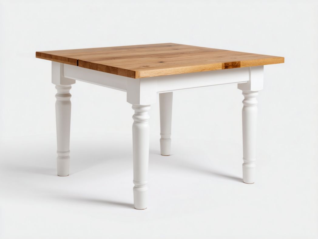 Table extensible carrée style campagne – Plateau bois naturel et pieds blancs sculptés – 1 pièce