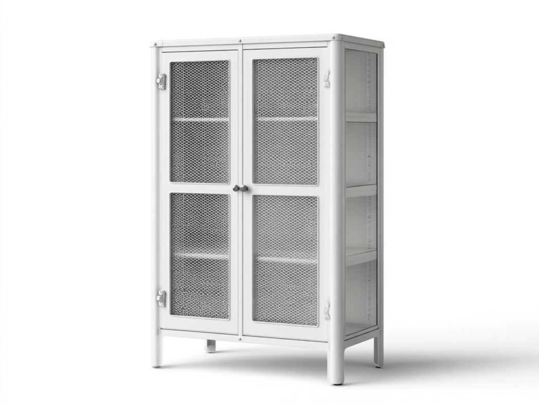 Buffet haut en métal blanc avec portes grillagées