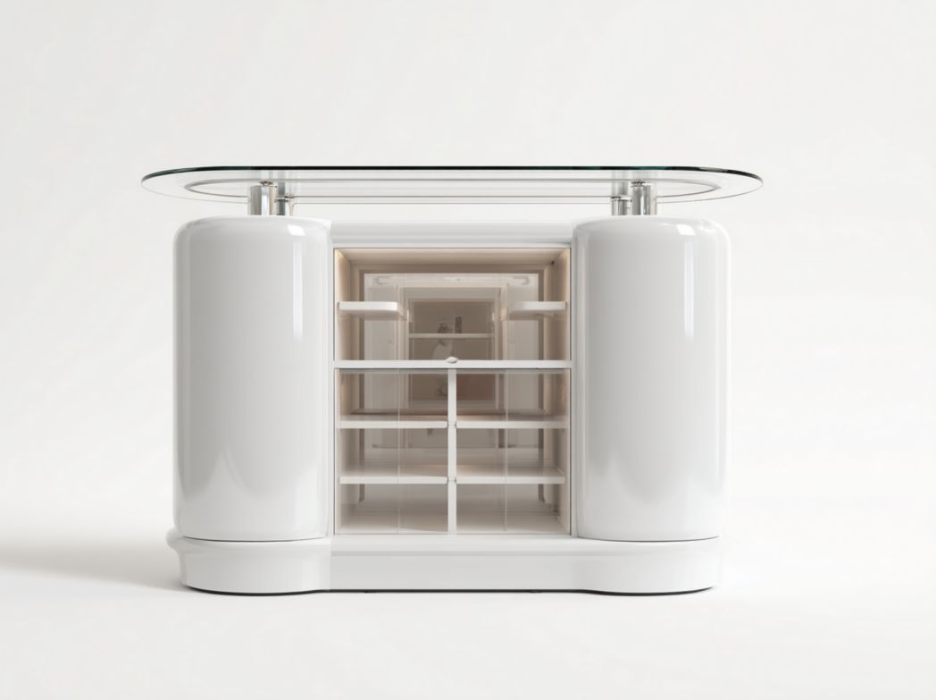 Meuble de bar moderne blanc laqué avec plateau en verre et rangements