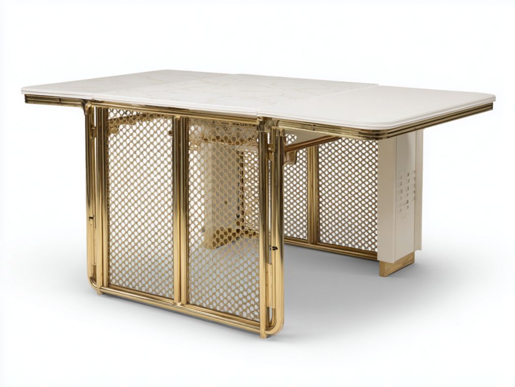 Table extensible rectangulaire plateau blanc et base métallique ajourée dorée – 1 pièce
