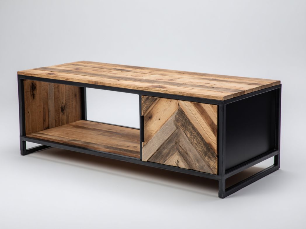 Table basse rectangulaire bois massif et métal avec espace de rangement style industriel