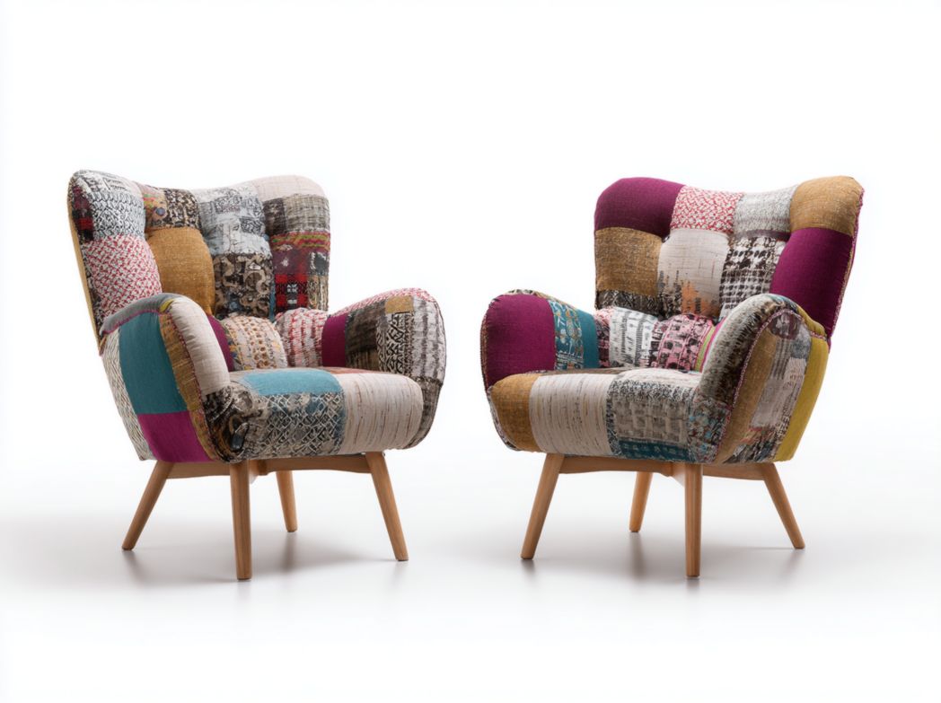 Lot de 2 fauteuils patchwork en tissu coloré avec dossier haut et pieds en bois