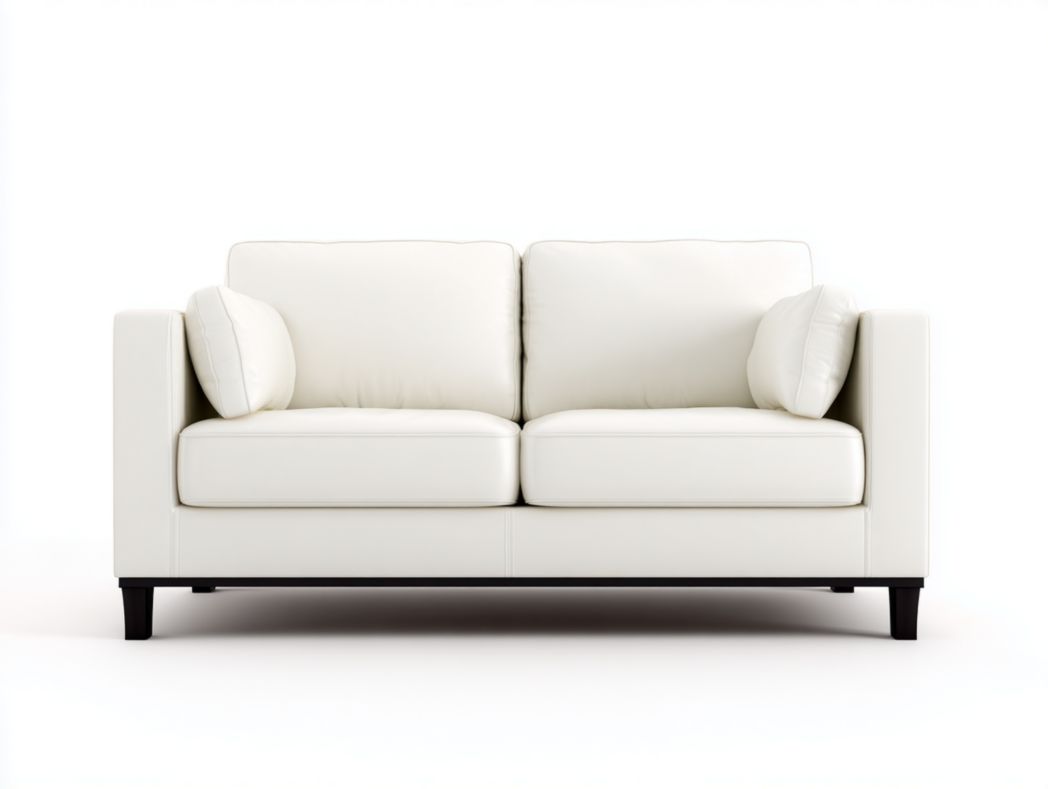 Canapé 2 places en similicuir blanc avec lignes droites, 2 coussins et pieds en bois
