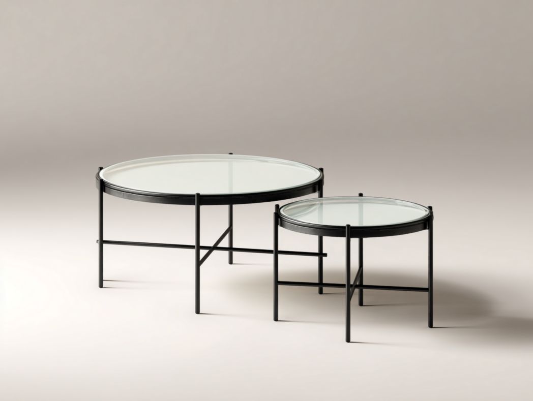 Ensemble de tables basses rondes en verre et métal noir design empilable