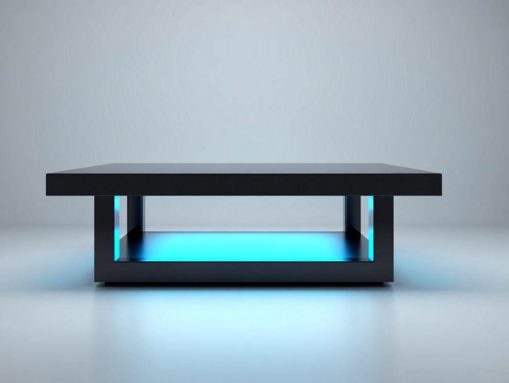 Table basse rectangulaire noire avec éclairage LED bleu – design moderne