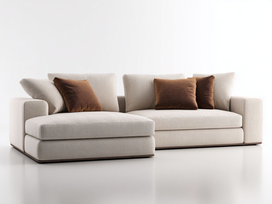 Canapé d’angle en tissu beige clair avec méridienne à gauche, 3 coussins bruns et 4 coussins assortis