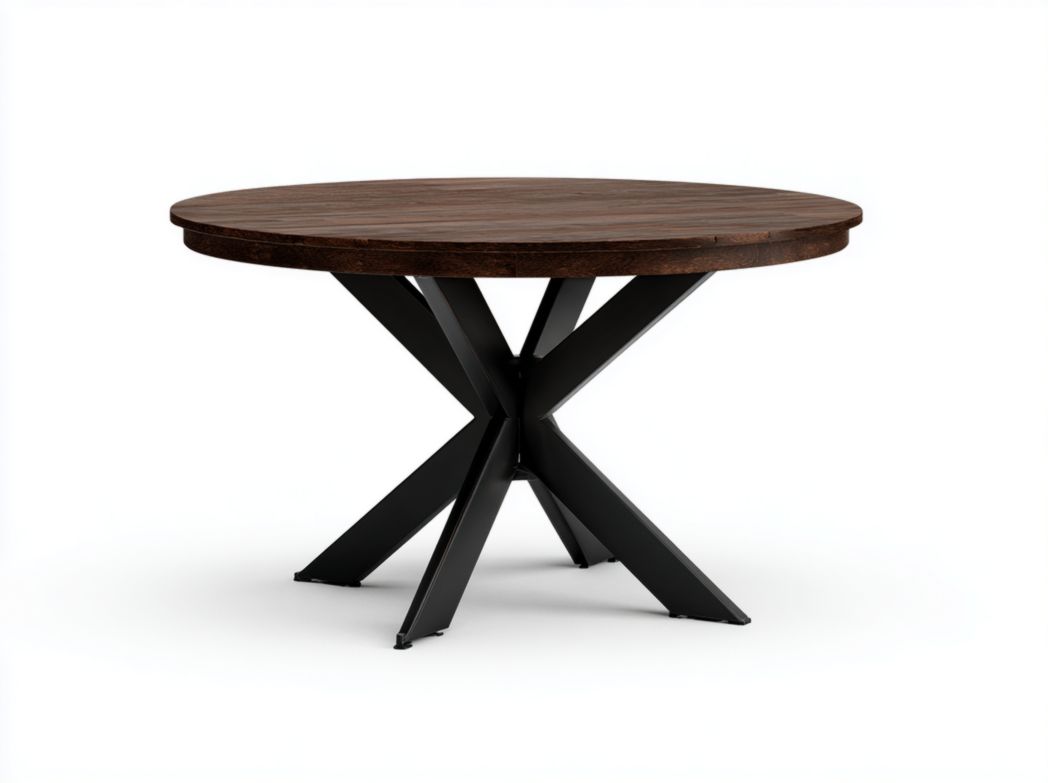 Table à manger ronde en bois avec piètement croisé en métal noir