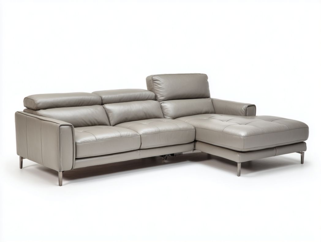 Canapé d’angle en cuir gris 3 places avec méridienne et têtières réglables pieds métal