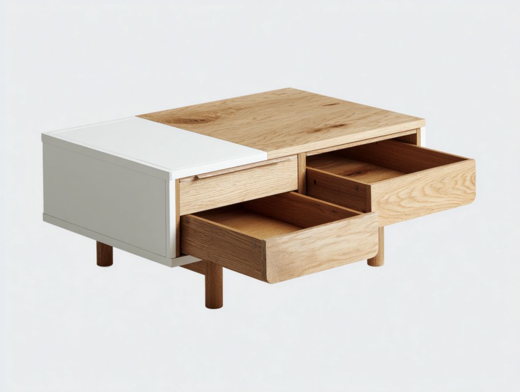 Table basse moderne bicolore – bois naturel et blanc avec deux tiroirs