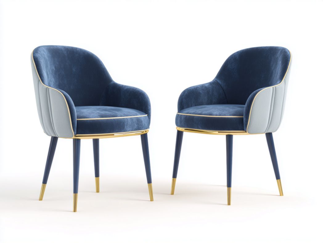 Lot de 2 chaises de salle à manger en velours bicolore bleu et gris avec dossier arrondi et détails métalliques