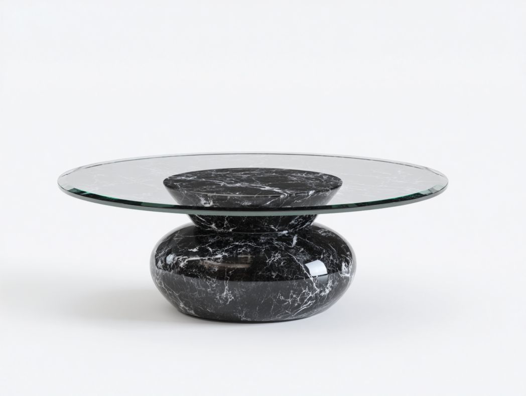 Table basse ronde avec plateau en verre et base en marbre noir