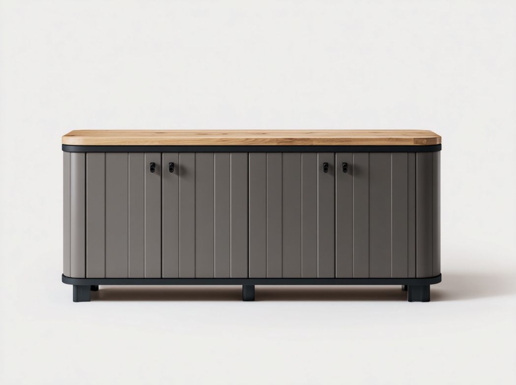 Buffet moderne à 4 portes gris avec plateau en bois naturel