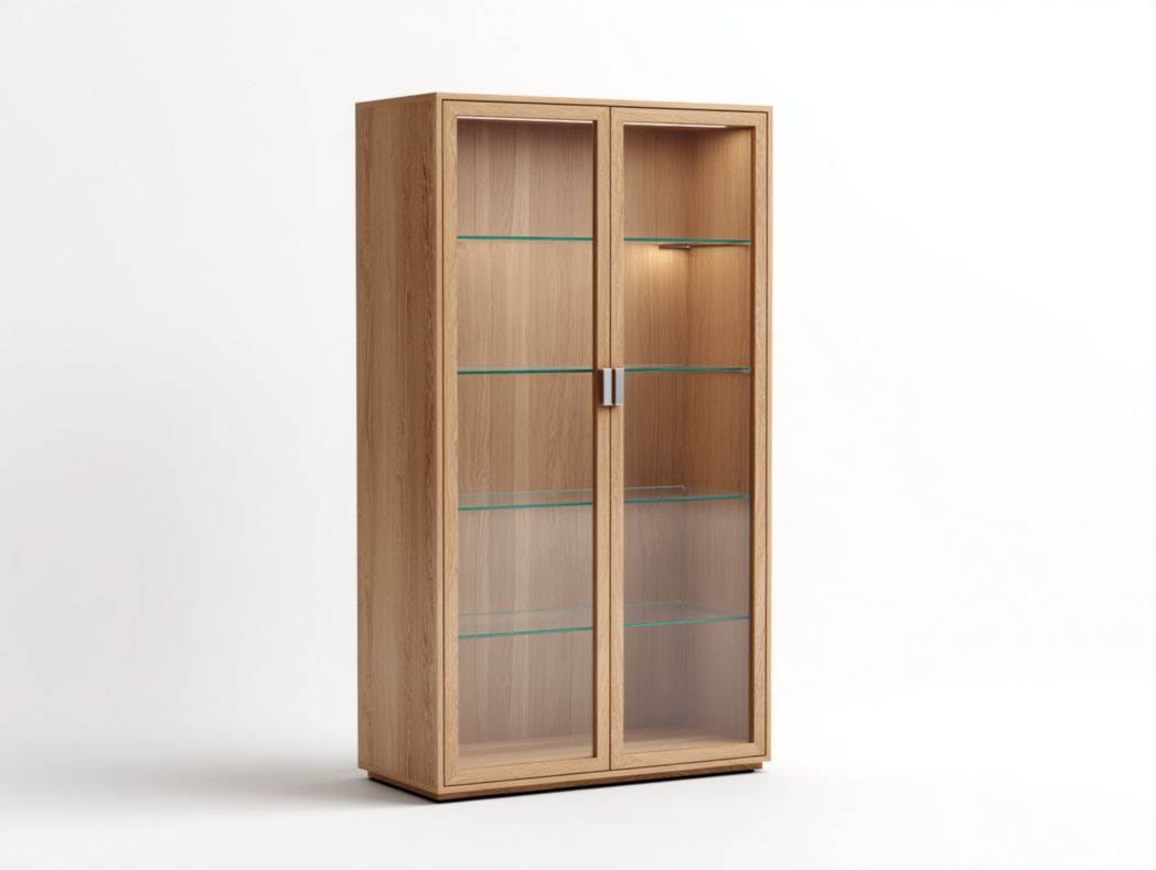 Vaisselier moderne en bois naturel avec 2 portes vitrées et étagères en verre