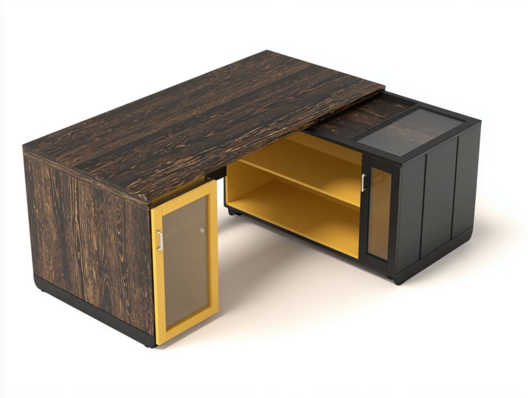 Meuble bar design bicolore noir et jaune avec portes vitrées et plateau bois