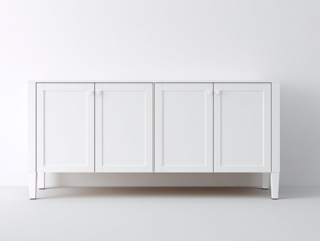Meuble TV blanc avec quatre portes, design moderne et rangement fermé