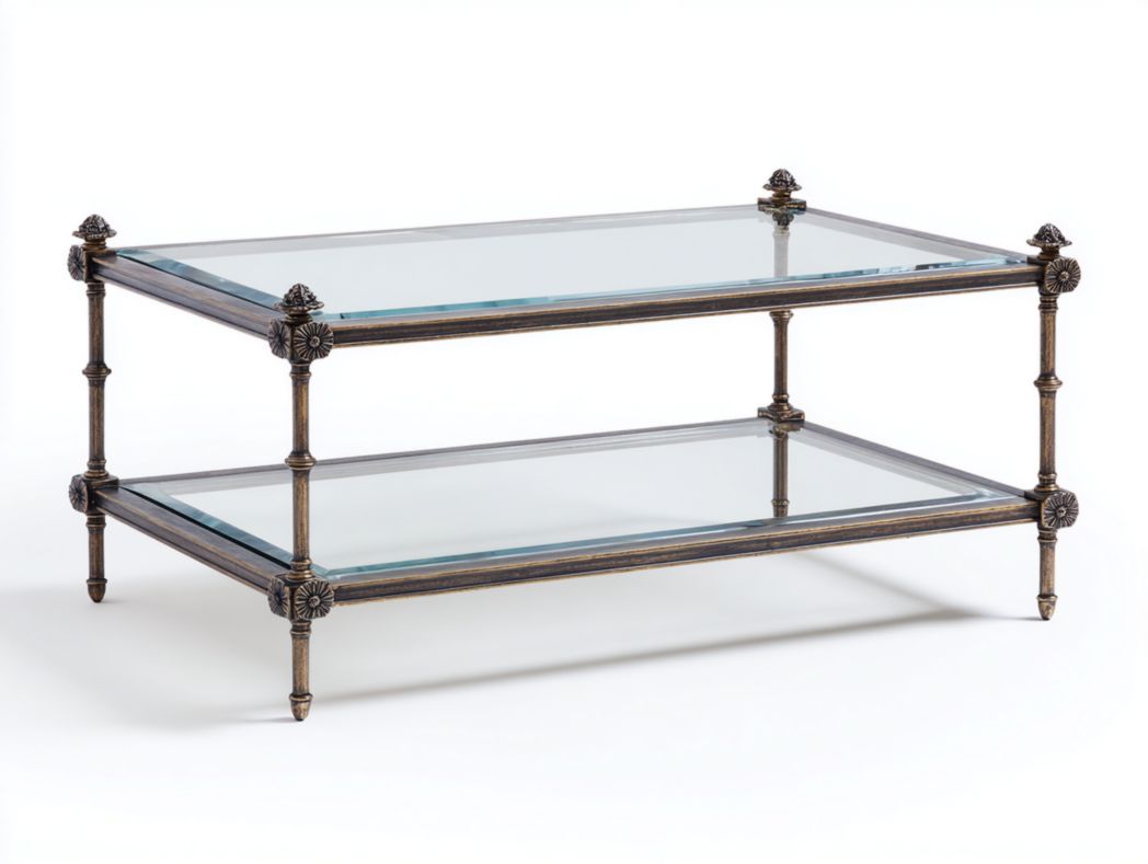 Table basse vintage à deux niveaux – verre trempé et cadre métallique orné