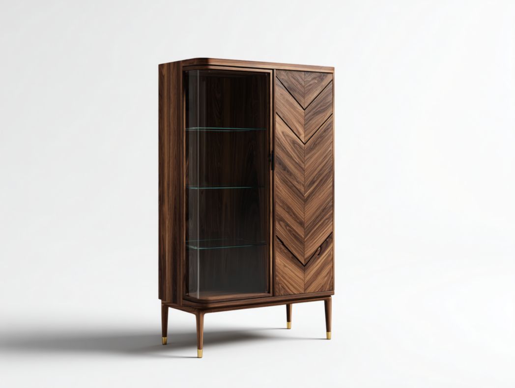 Vaisselier moderne en bois à façades rainurées avec vitrines et rangement bas