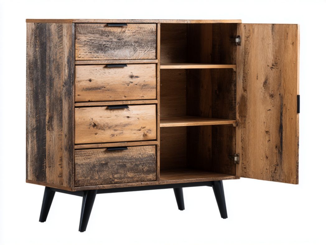 Buffet haut style vintage avec 4 tiroirs et porte unique sur pieds en métal noir