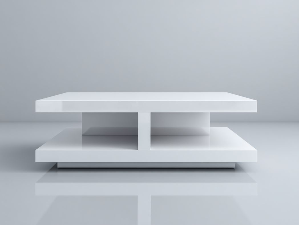 Table basse à rangements – blanc brillant, double plateau avec séparateur central