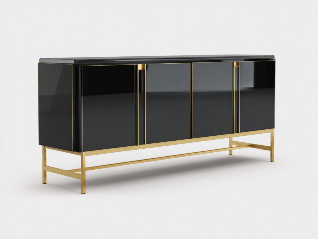 Meuble TV noir laqué avec cadre doré et quatre portes de rangement