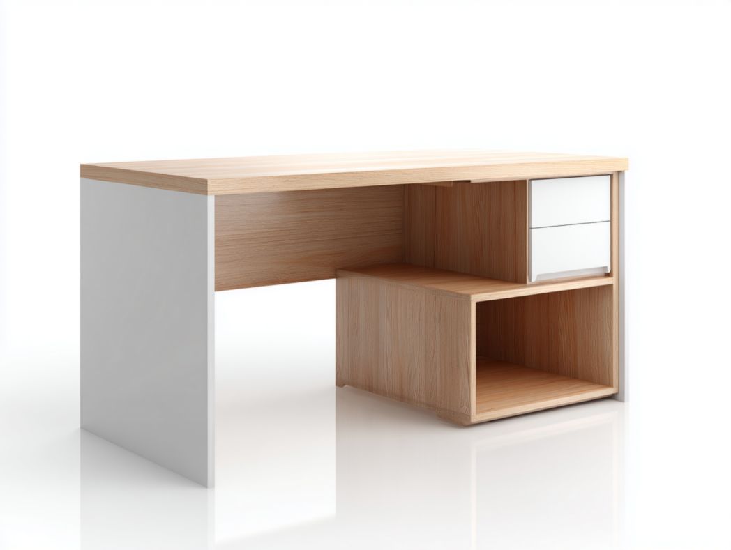 Meuble de bar moderne bois clair et blanc avec tiroirs et compartiment ouvert