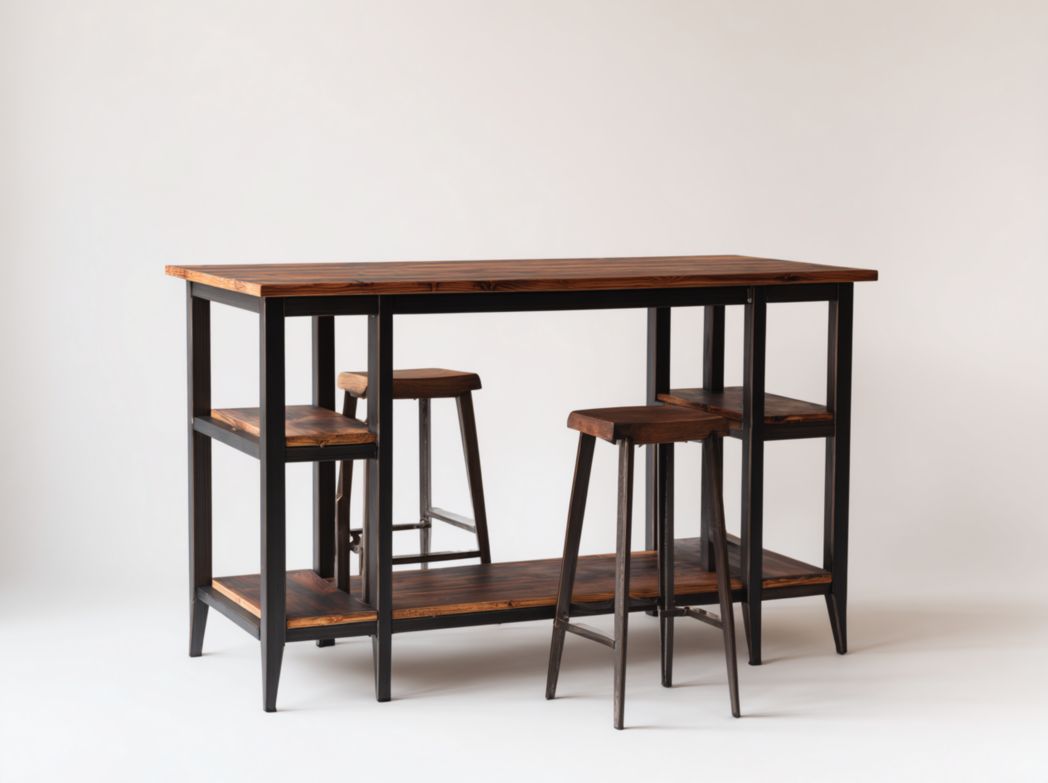 Ensemble mange debout industriel bois et métal avec table haute et 2 tabourets + étagères de rangement