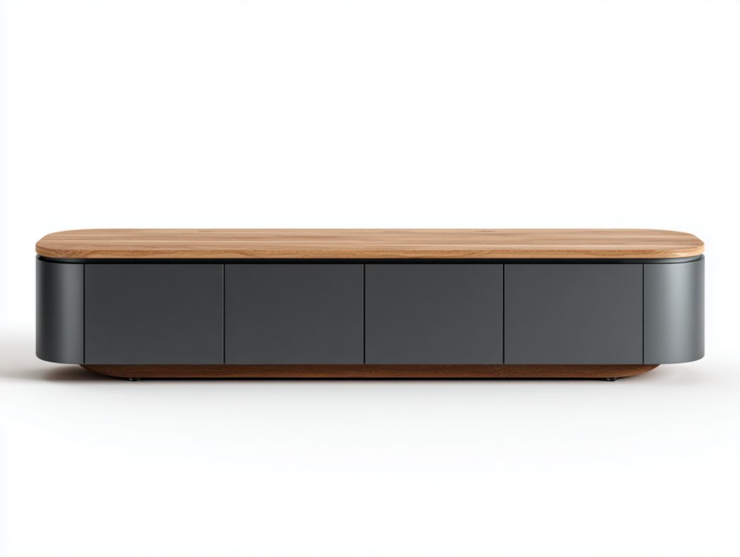 Meuble TV gris foncé avec plateau bois naturel et rangements discrets