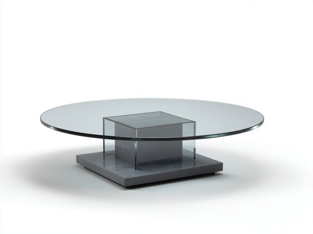 Table basse ronde verre et pierre avec base géométrique moderne