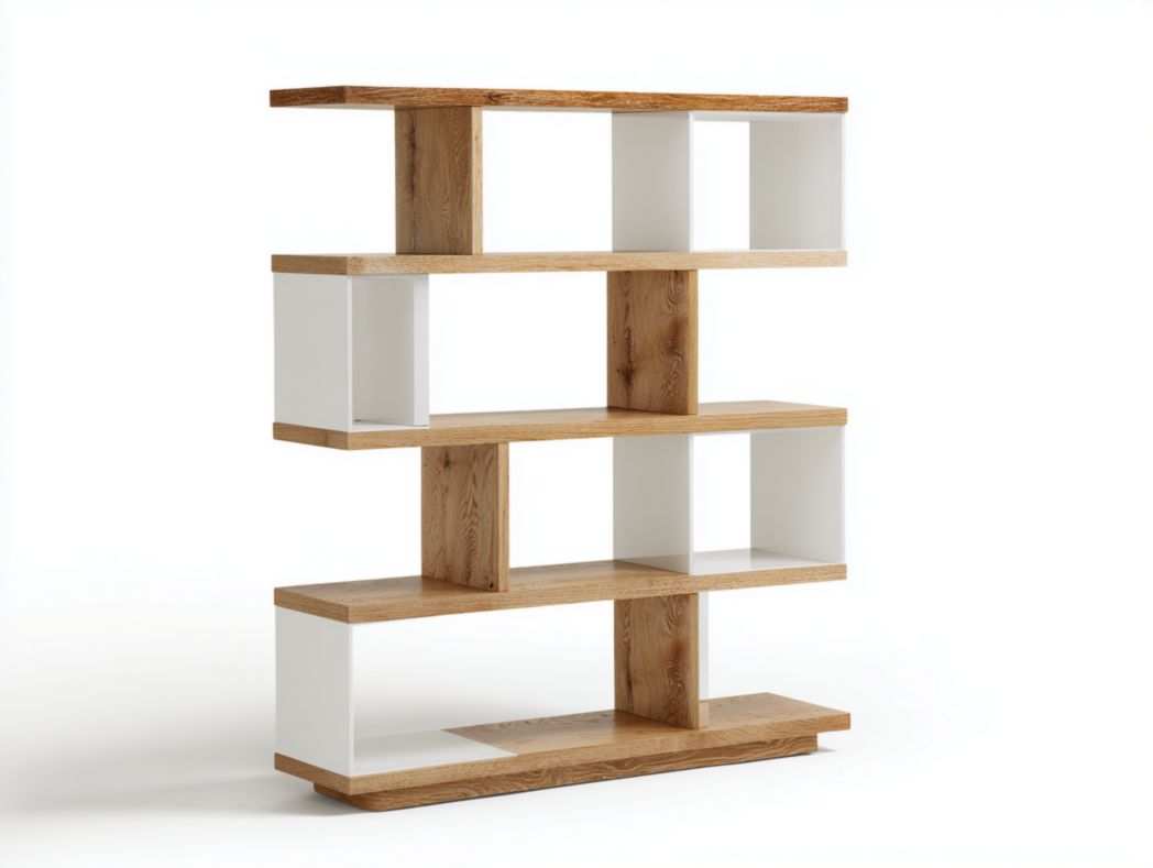 Étagère design 4 niveaux ouverte bois et blanc avec compartiments asymétriques