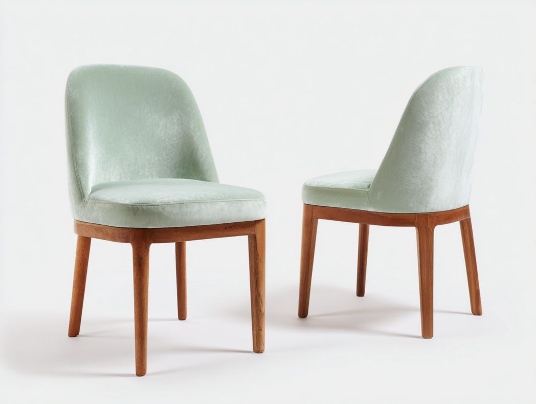 Lot de 2 chaises coque en velours vert clair avec dossier arrondi et pieds en bois