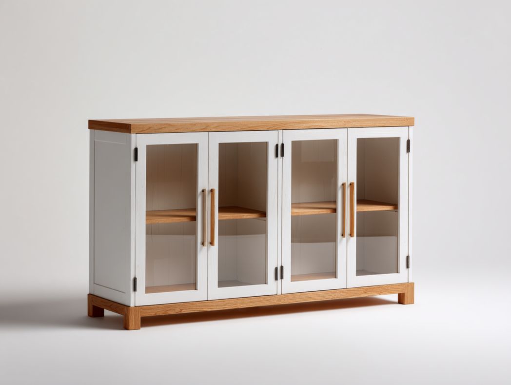 Buffet bar blanc avec 4 portes vitrées et plateau bois naturel