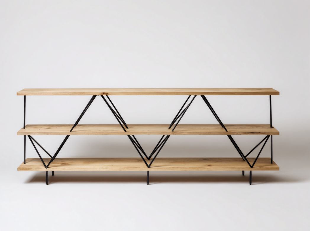 Meuble TV style industriel avec 3 étagères en bois et structure métallique noire