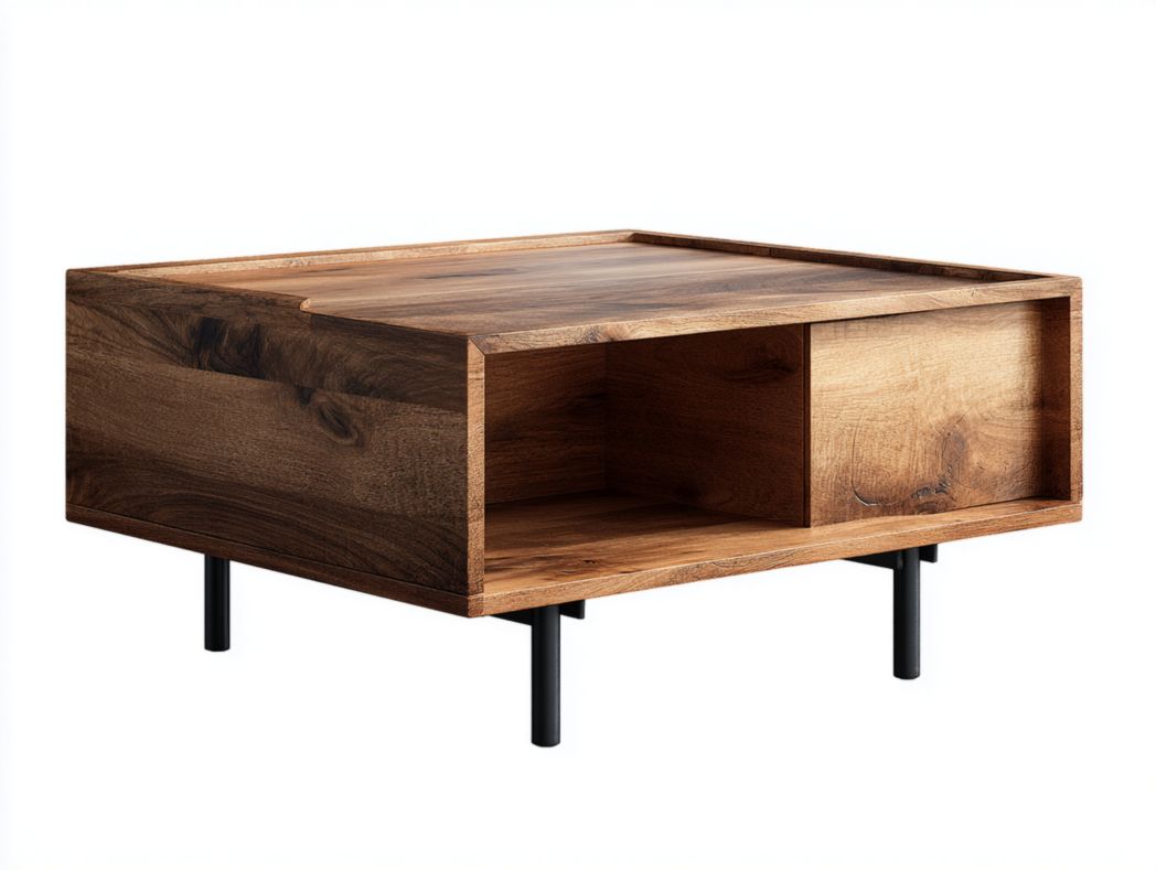 Table basse carrée en bois avec compartiment ouvert et pieds en métal
