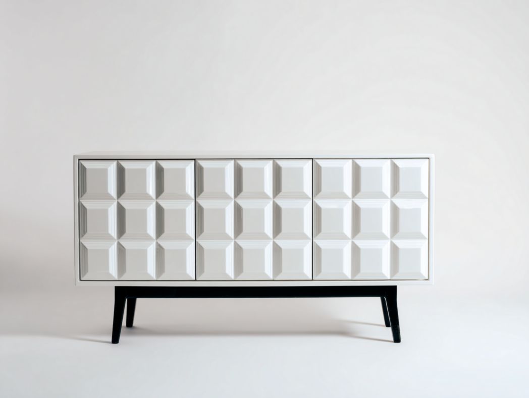 Buffet haut moderne à 3 portes blanches motifs géométriques avec pieds noirs