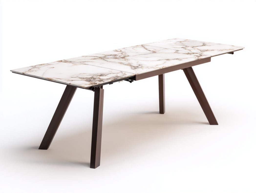 Table extensible rectangulaire plateau effet marbre et pieds métalliques bruns – 1 pièce